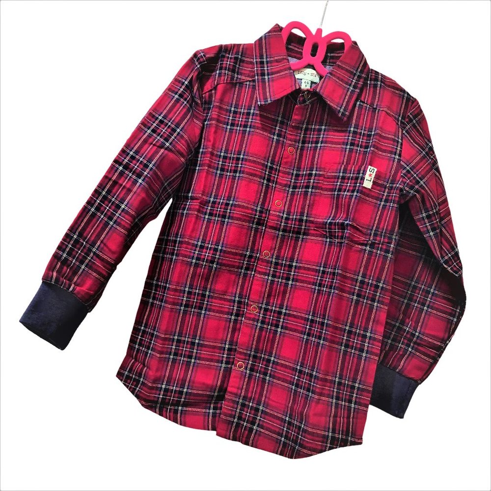 LILLY + SID Christmas Plaid Boy Shirt Organic Cotton Sz 4-5Y NEW